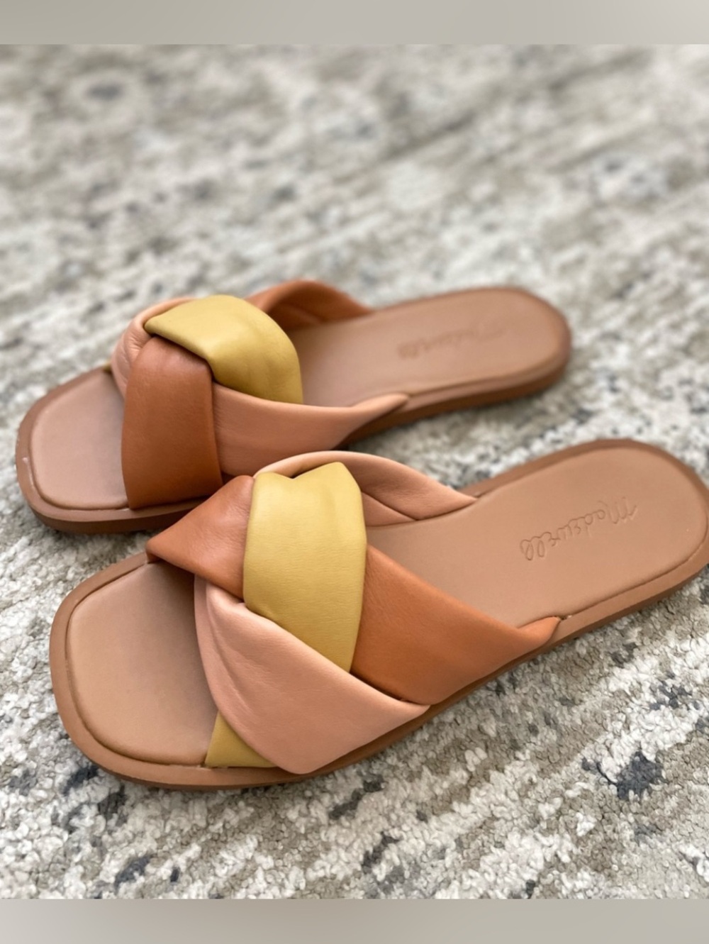 Madewell Jayna Braided Leather Knot Slide Sandals Size 6 Beige Pink Yellow